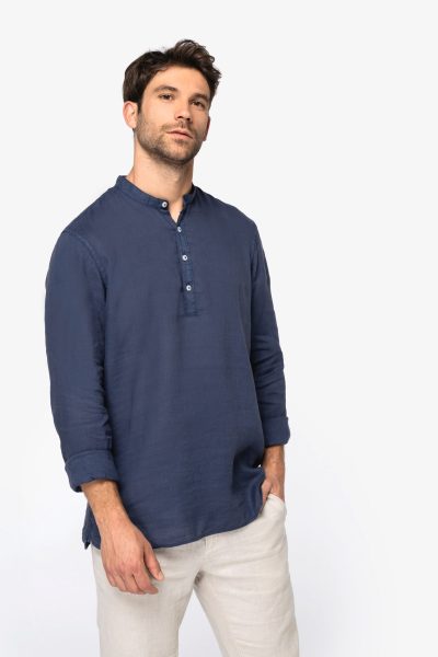 Chemise à col Mao délavée  en lin homme